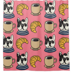 French bulldog, coffee, croissant theme. shower curtain