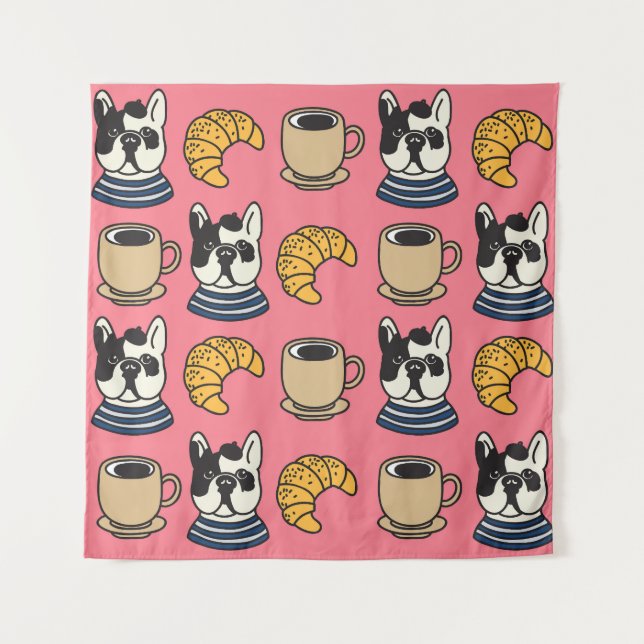 French bulldog, coffee, croissant theme. tapestry (Front)