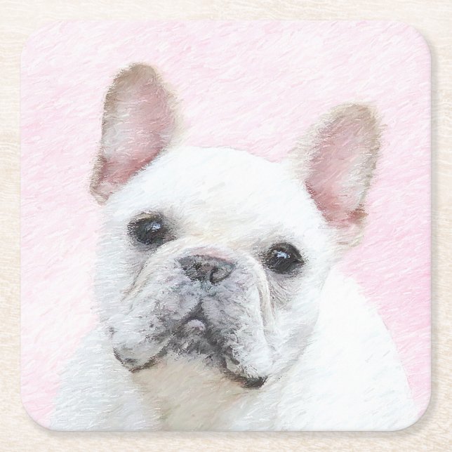 French Bulldog (Cream/White) Painting - Dog Art Square Paper Coaster (Front)