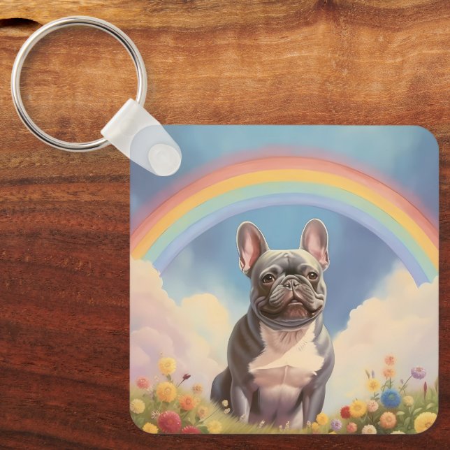 French Bulldog Custom Dog Name Rainbow Frenchie Key Ring (Front)