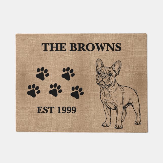 French Bulldog & Custom Family Name Welcome Doormat (Front)