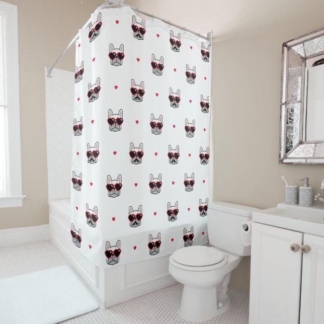French Bulldog | Cute Frenchie Pattern White Shower Curtain (In Situ)