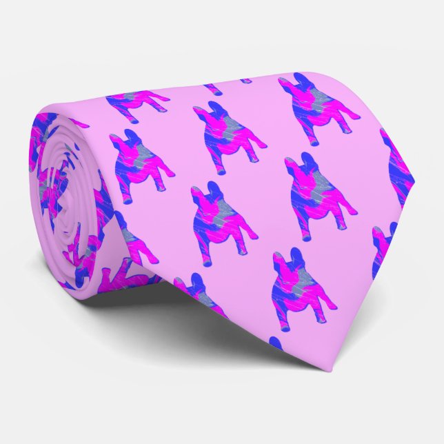French Bulldog Dog Cute Pink Blue Silhouette Pink Tie (Rolled)