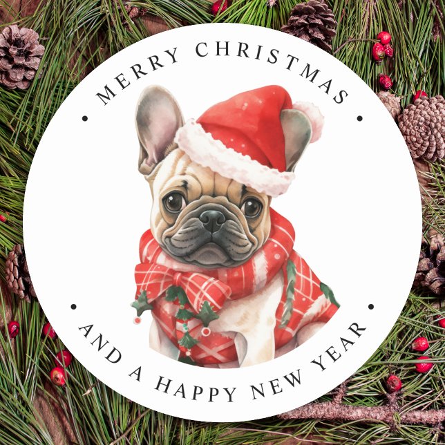 French Bulldog Dog Cute Puppy Merry Christmas  Classic Round Sticker (Creator Uploaded)