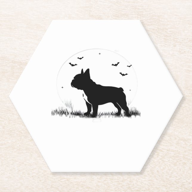 French Bulldog Dog – Halloween Moon Silhouette Ove Paper Coaster (Front)