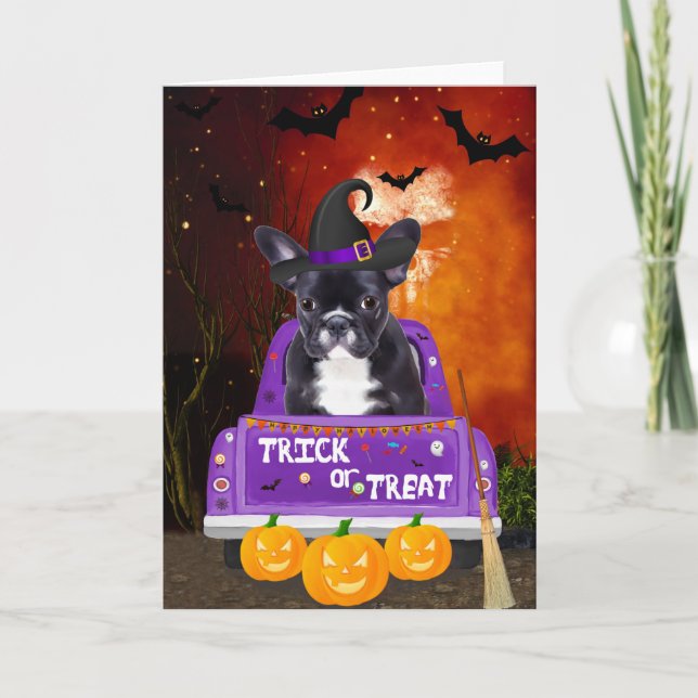 French Bulldog Dog in Halloween Truck Card (Front)