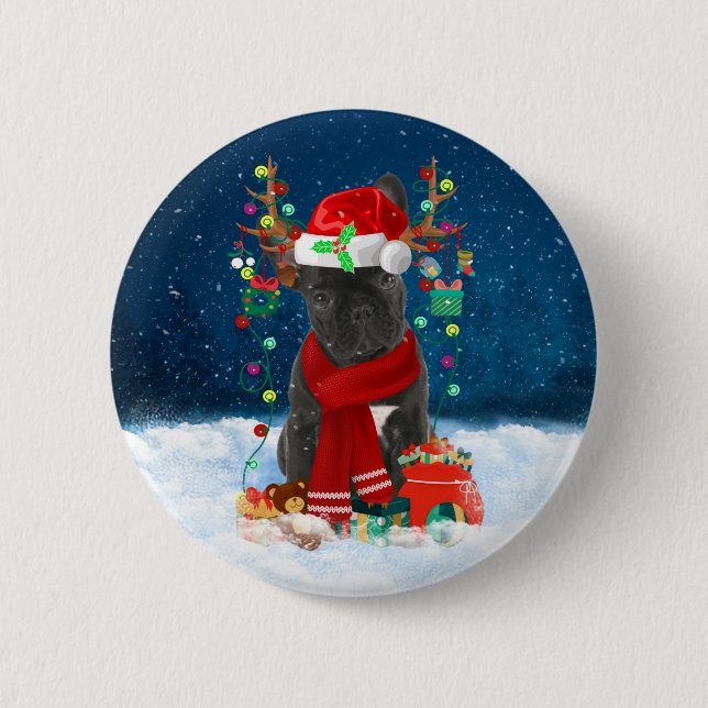 French Bulldog Dog in Snow with Christmas Gifts  6 Cm Round Badge (Front)