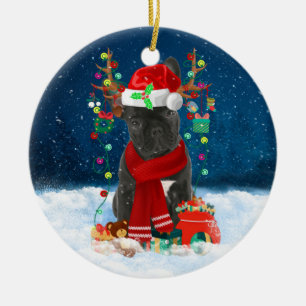 French Bulldog Dog in Snow with Christmas Gifts Ceramic Tree Decoration