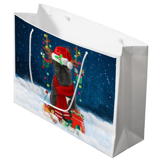 French Bulldog Dog in Snow with Christmas Gifts  Large Gift Bag (Front Angled)