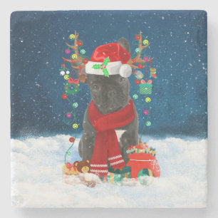 French Bulldog Dog in Snow with Christmas Gifts  Stone Coaster
