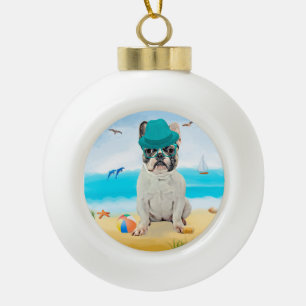 French Bulldog Dog on Beach  Ceramic Ball Christmas Ornament