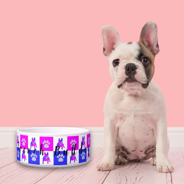 French Bulldog Dog & Paw Hot Pink & Blue Pet Bowl (French Bulldog pink and blue dog bowl)