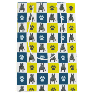 French Bulldog Dog & Paw Yellow and Blue Grid Line Medium Gift Bag