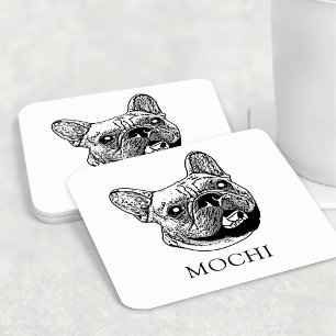 French Bulldog Dog Personalised Hand Drawing Square Paper Coaster