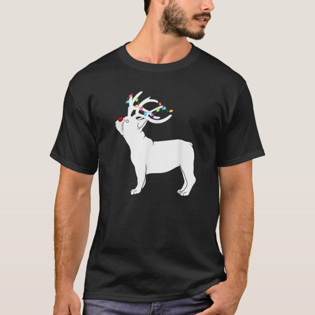 French bulldog Dog Reindeer Lights Plaid Santa Hat T-Shirt (Front)