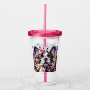 French Bulldog Dog Roses Floral Pink Black White Acrylic Tumbler