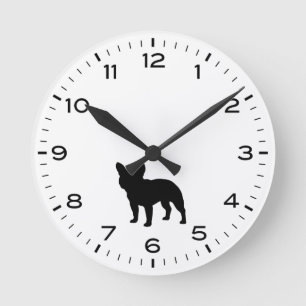 French Bulldog Dog Silhouette Black and White Round Clock