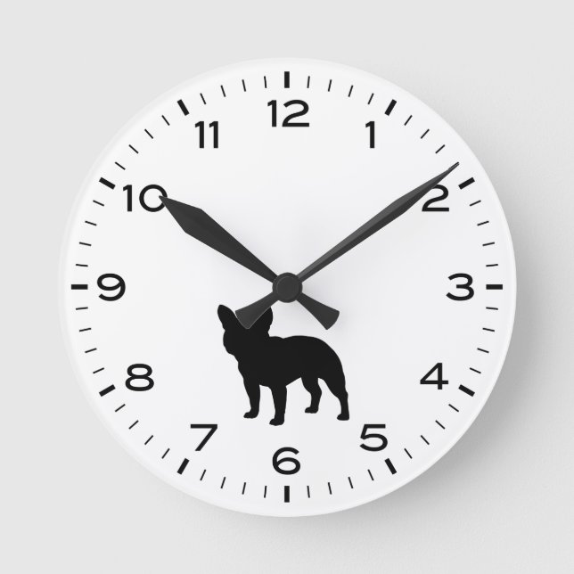 French Bulldog Dog Silhouette Black and White Round Clock (Front)