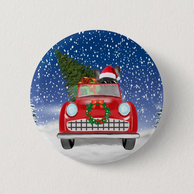 French Bulldog Driving Car In Snow Christmas  6 Cm Round Badge (Front)