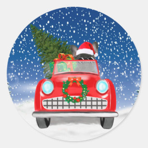 French Bulldog Driving Car In Snow Christmas Classic Round Sticker