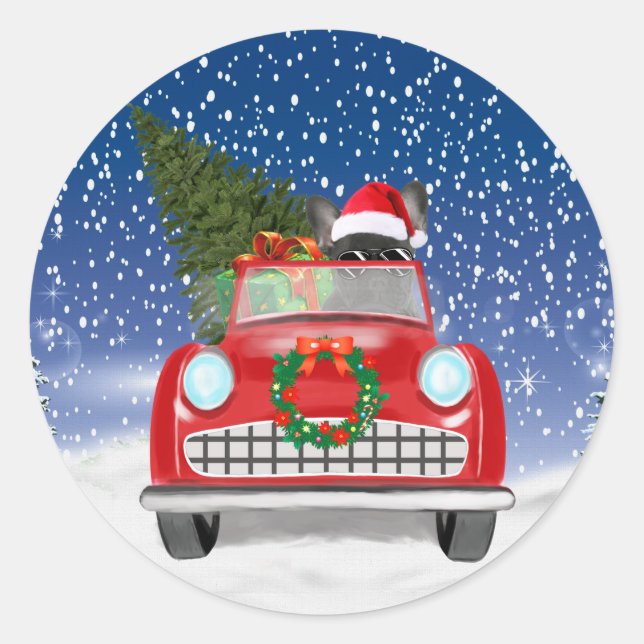 French Bulldog Driving Car In Snow Christmas   Classic Round Sticker (Front)
