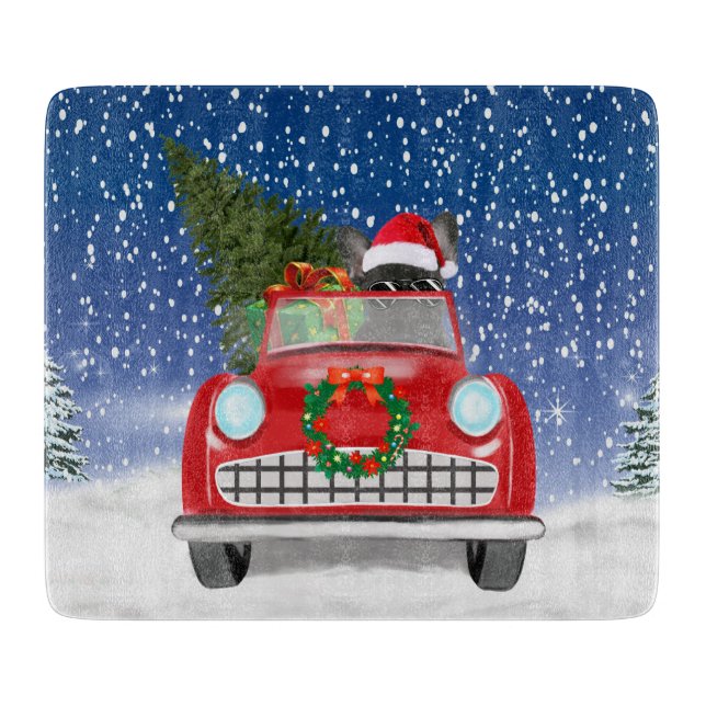 French Bulldog Driving Car In Snow Christmas Cutting Board (Front)