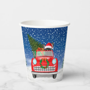 French Bulldog Driving Car In Snow Christmas Paper Cups
