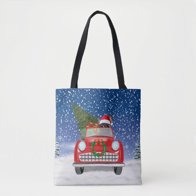 French Bulldog Driving Car In Snow Christmas Tote Bag (Front)