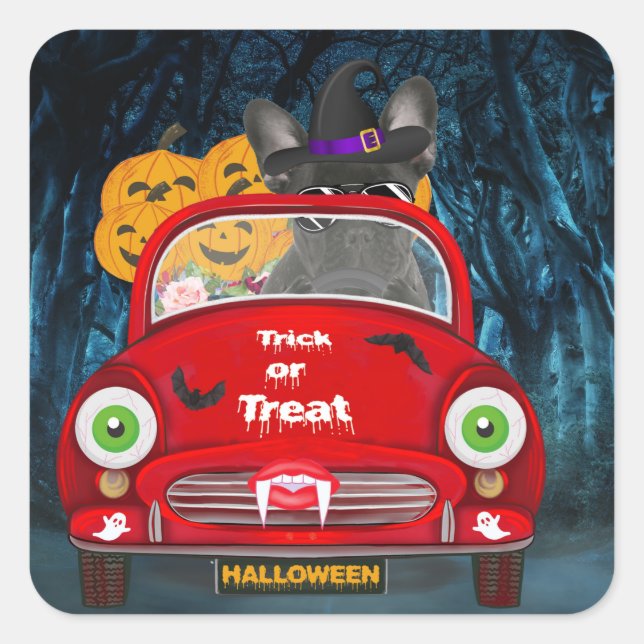 French Bulldog Driving Car Scary Halloween Square Sticker (Front)