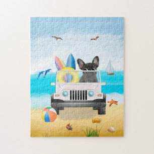 french bulldog Driving on Beach Jigsaw Puzzle