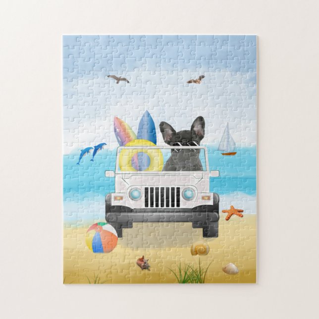 french bulldog  Driving on Beach  Jigsaw Puzzle (Vertical)