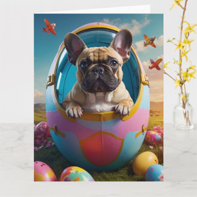 French Bulldog Easter Eggs  Card (Yellow Flower)