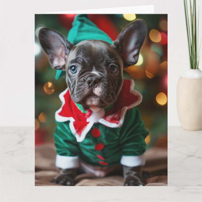 French Bulldog Elf Puppy Christmas Card  (Front)