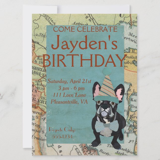 FRENCH BULLDOG EXPLORE BIRTHDAY INVITATION (Front)