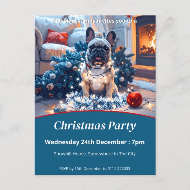 French Bulldog & Fairy Lights Christmas Invitation Postcard (Front)