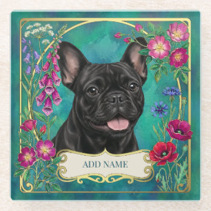 French Bulldog Floral Botanical Glass Coaster