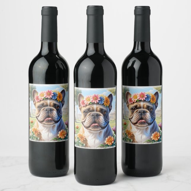 French Bulldog Flower Crown French Bulldog Wine Label (Bottles)
