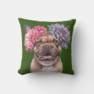 French Bulldog Flower Crown Watercolor Print Cushion