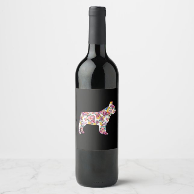 french bulldog flower pattern| colourful dog gift wine label (Front)