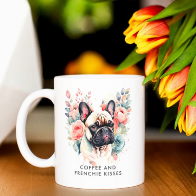 French Bulldog Flowers Coffee and Frenchie Kisses Coffee Mug (Creator Uploaded)