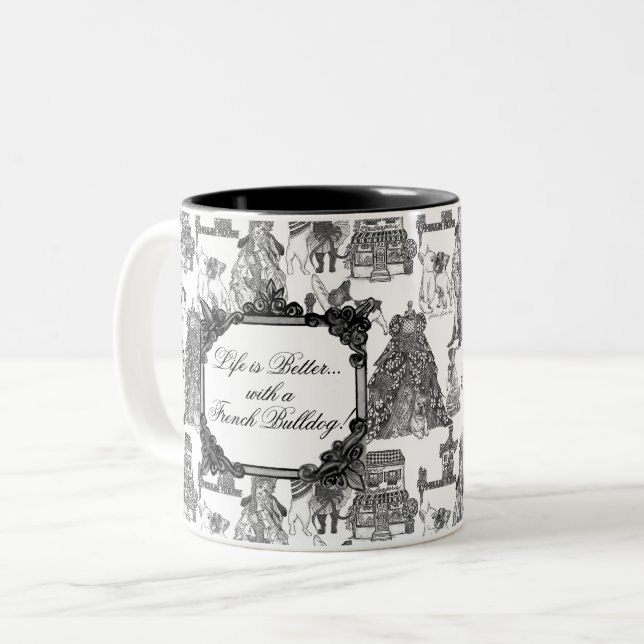 FRENCH BULLDOG Frenchie Black Toile Two-Tone Coffee Mug (Front Left)