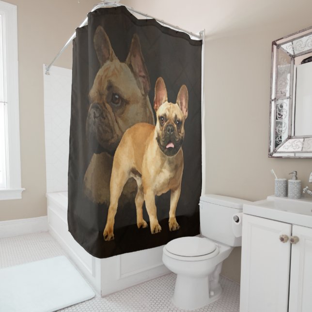 French Bulldog -Frenchie - Brown Plaid Shower Curtain (In Situ)