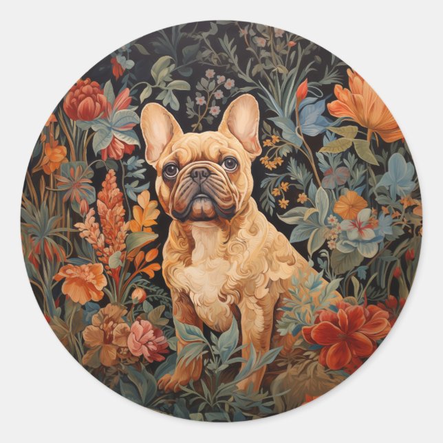 French Bulldog Frenchie Garden Tapestry Birthday Classic Round Sticker (Front)