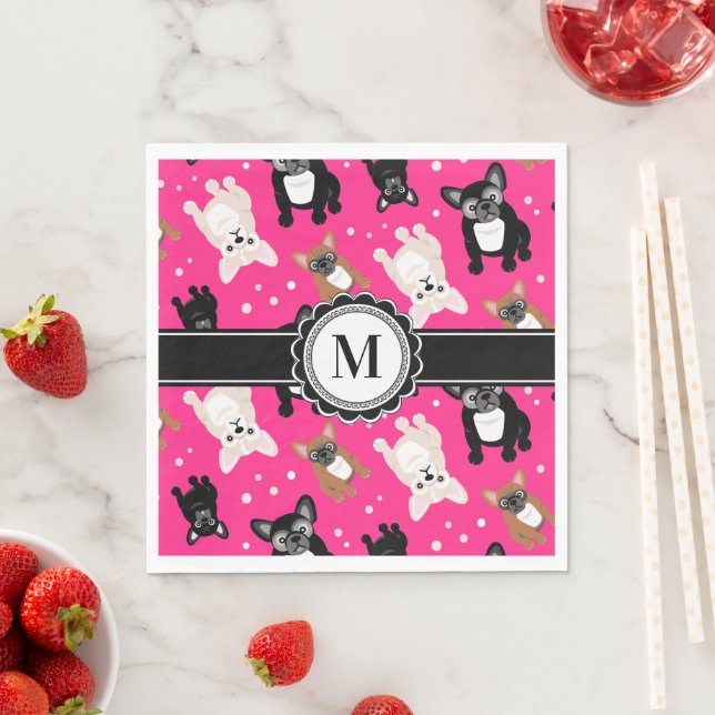 French Bulldog Frenchies Monogram Hot Pink Napkin (Insitu)