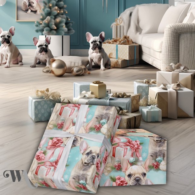 French Bulldog Frolic Pastel Holiday Gift Wrapping Paper (Creator Uploaded)