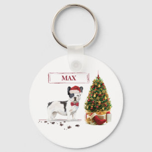 French Bulldog Funny Christmas Dog with Tree Key Ring