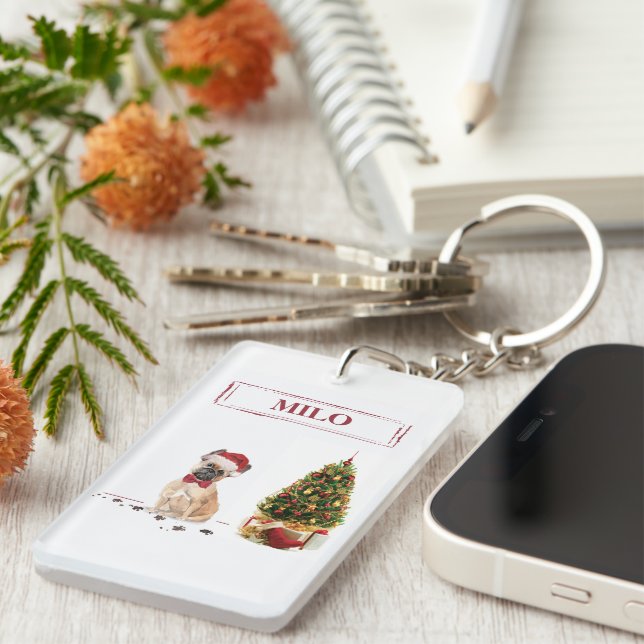 French Bulldog Funny Christmas Dog with Tree Key Ring (Front Right)