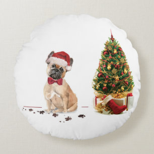 French Bulldog Funny Christmas Dog with Tree Round Cushion