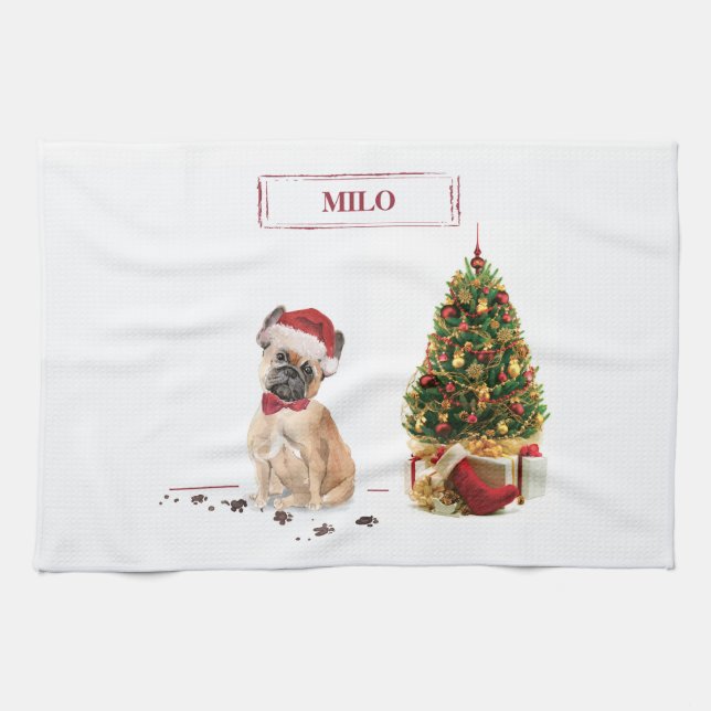 French Bulldog Funny Christmas Dog with Tree Tea Towel (Horizontal)
