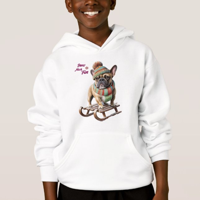French Bulldog funny sled ride on vacation (Front)